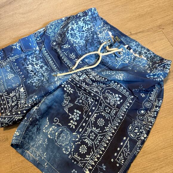 Polo Ralph Lauren XL Swim Trunks Bandana Print Blue Drawstring Mesh Lining - Picture 1 of 10